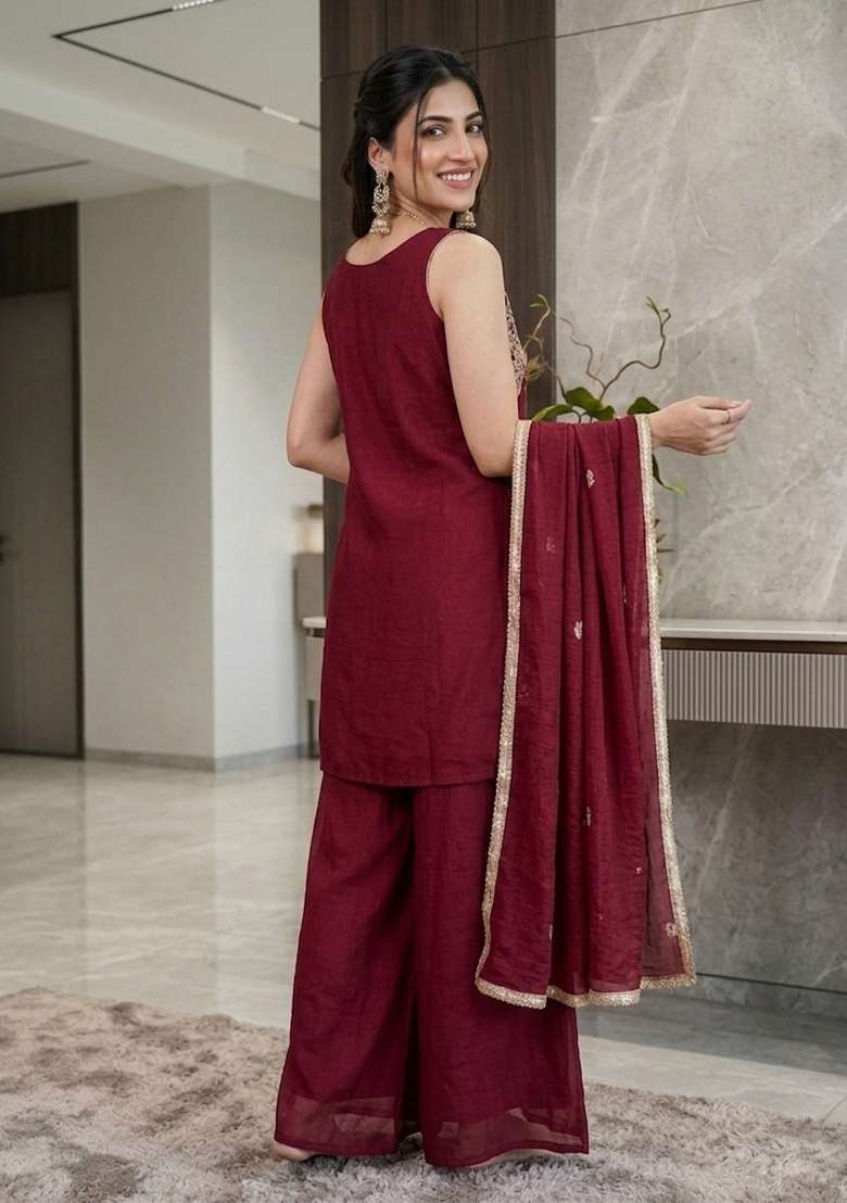 Maroon Embroidered Rangoli Palazzo Set - Indya