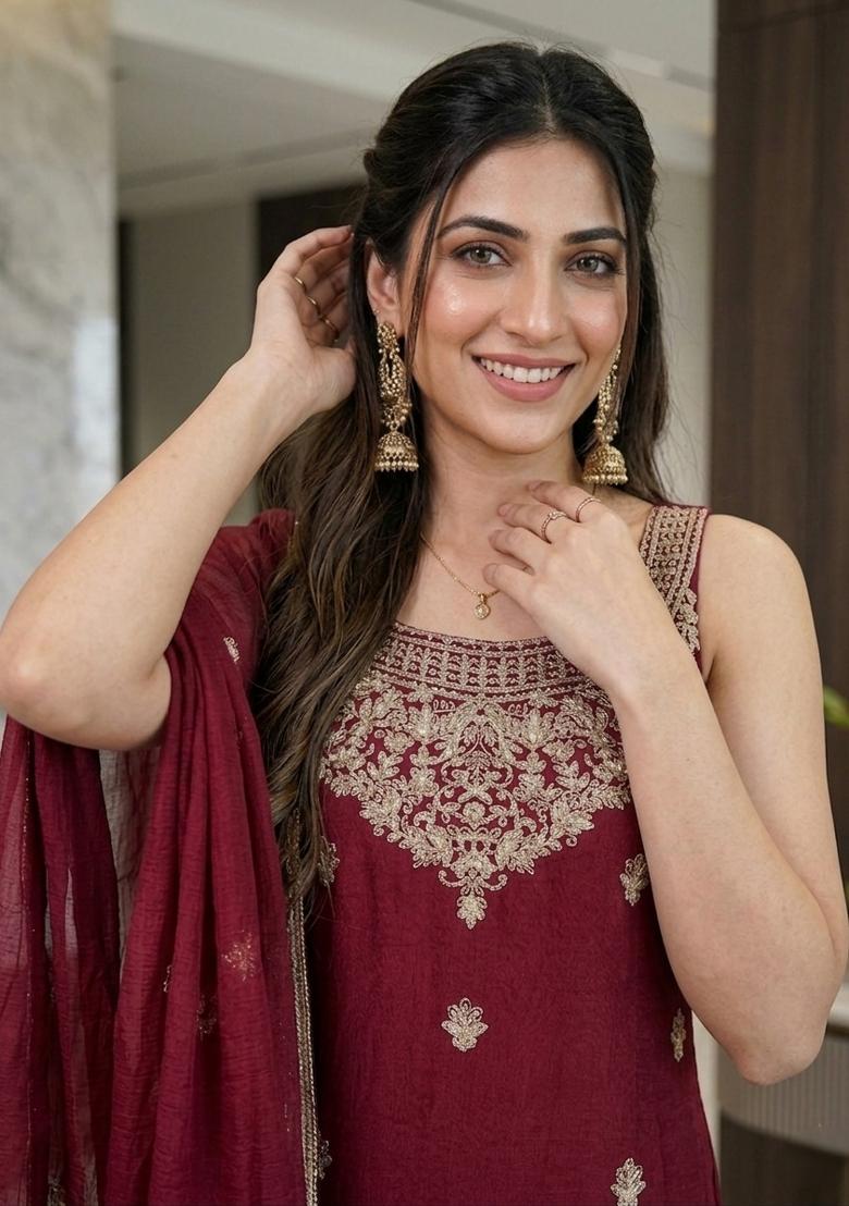 Maroon Embroidered Rangoli Palazzo Set - Indya
