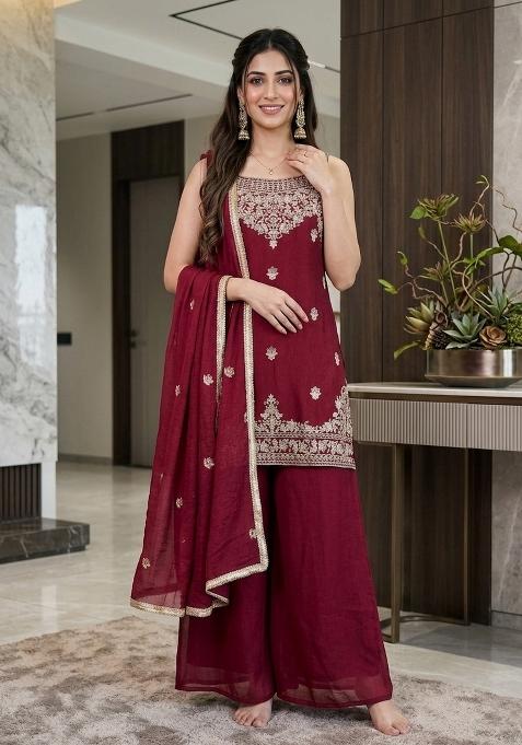 Maroon Embroidered Rangoli Palazzo Set