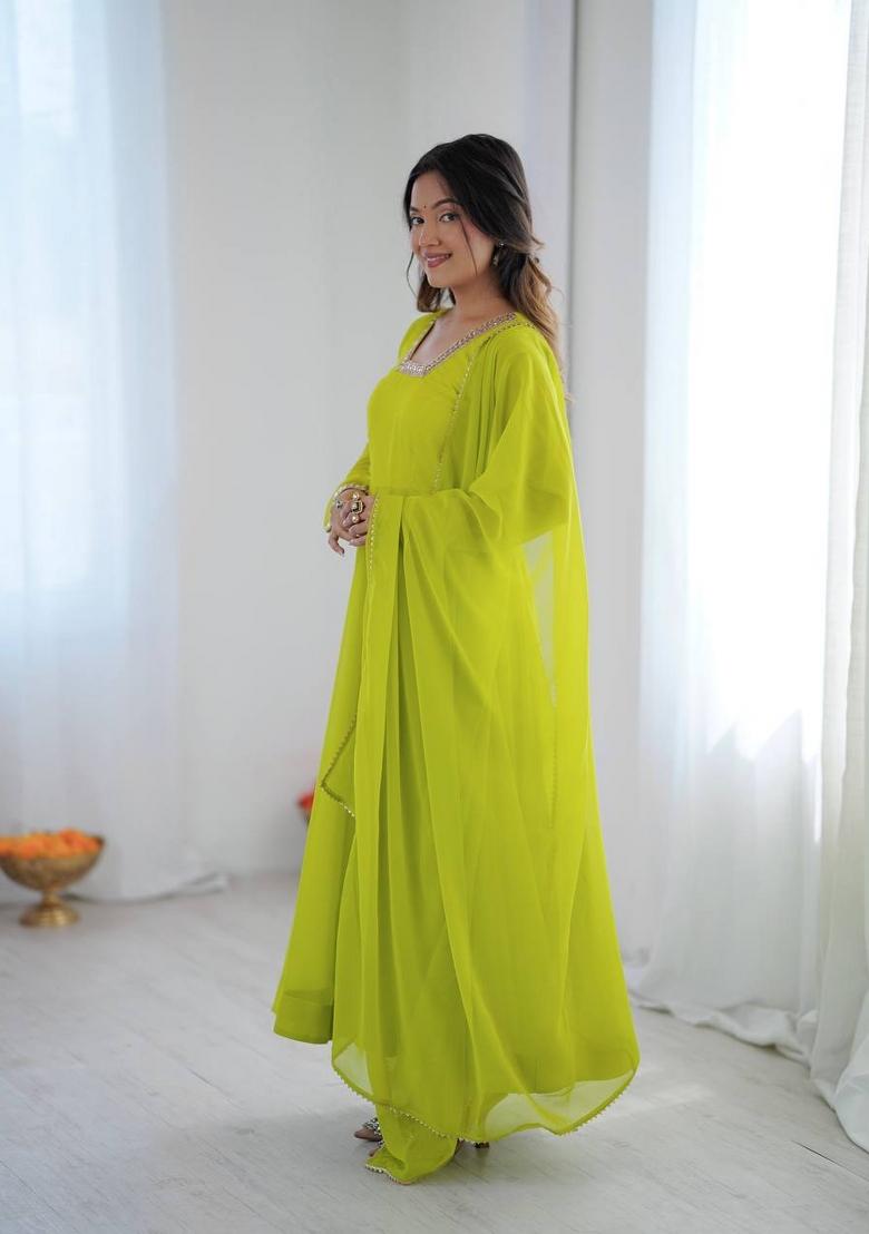Lime Green Solid Georgette Anarkali Set - Indya