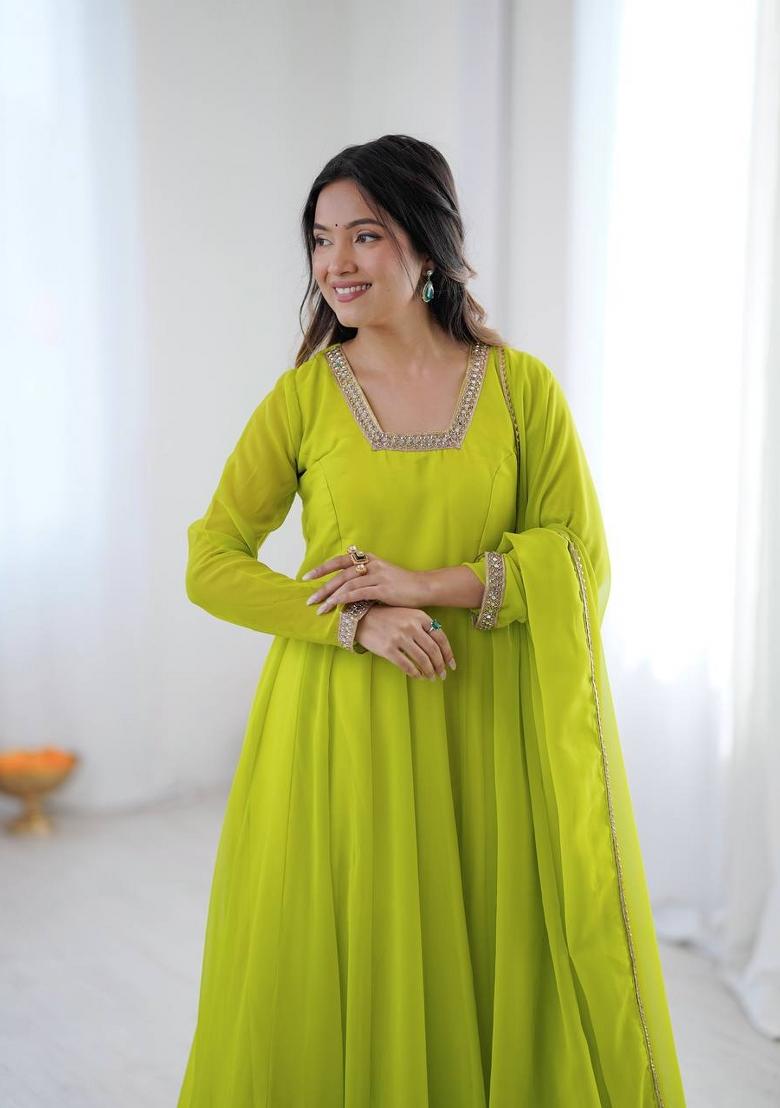 Lime Green Solid Georgette Anarkali Set - Indya