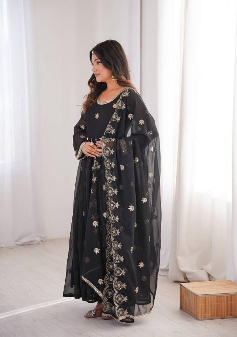 Black Embroidered Georgette Anarkali Set - Indya