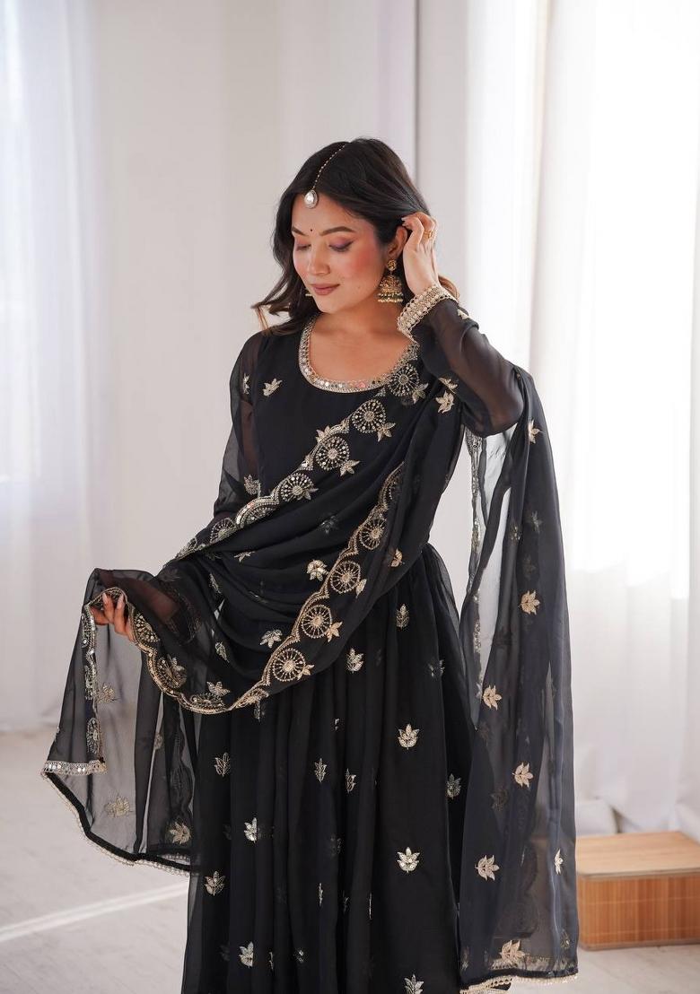 Black Embroidered Georgette Anarkali Set - Indya