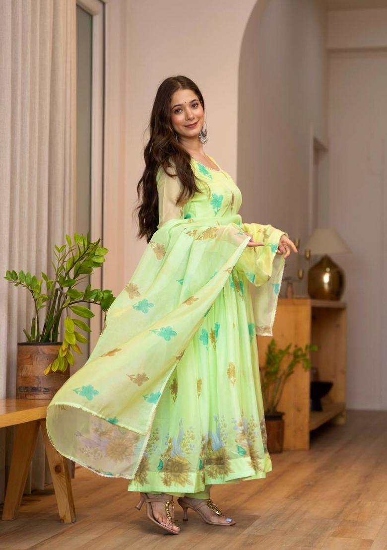 Green Printed Organza Anarkali Set - Indya