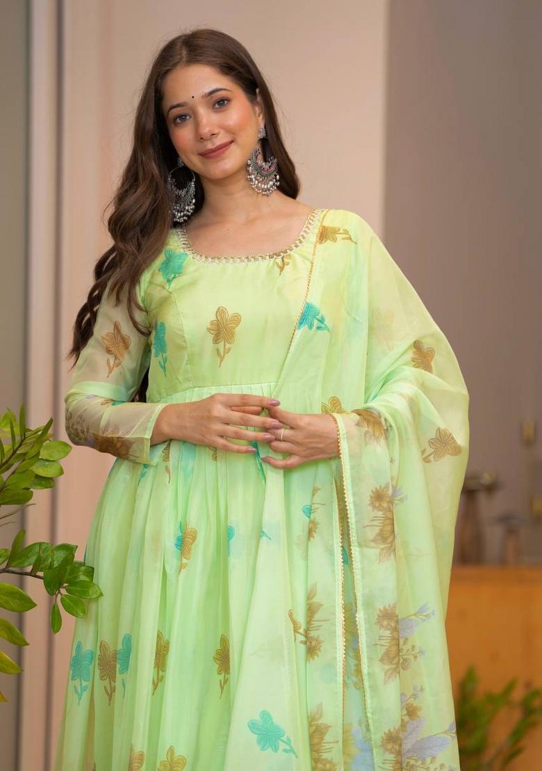 Green Printed Organza Anarkali Set - Indya