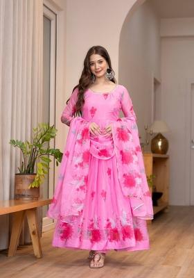 Pink Printed Organza Anarkali Set