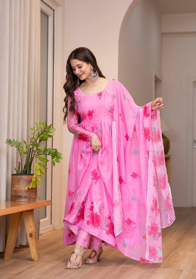 Pink Printed Organza Anarkali Set - Indya