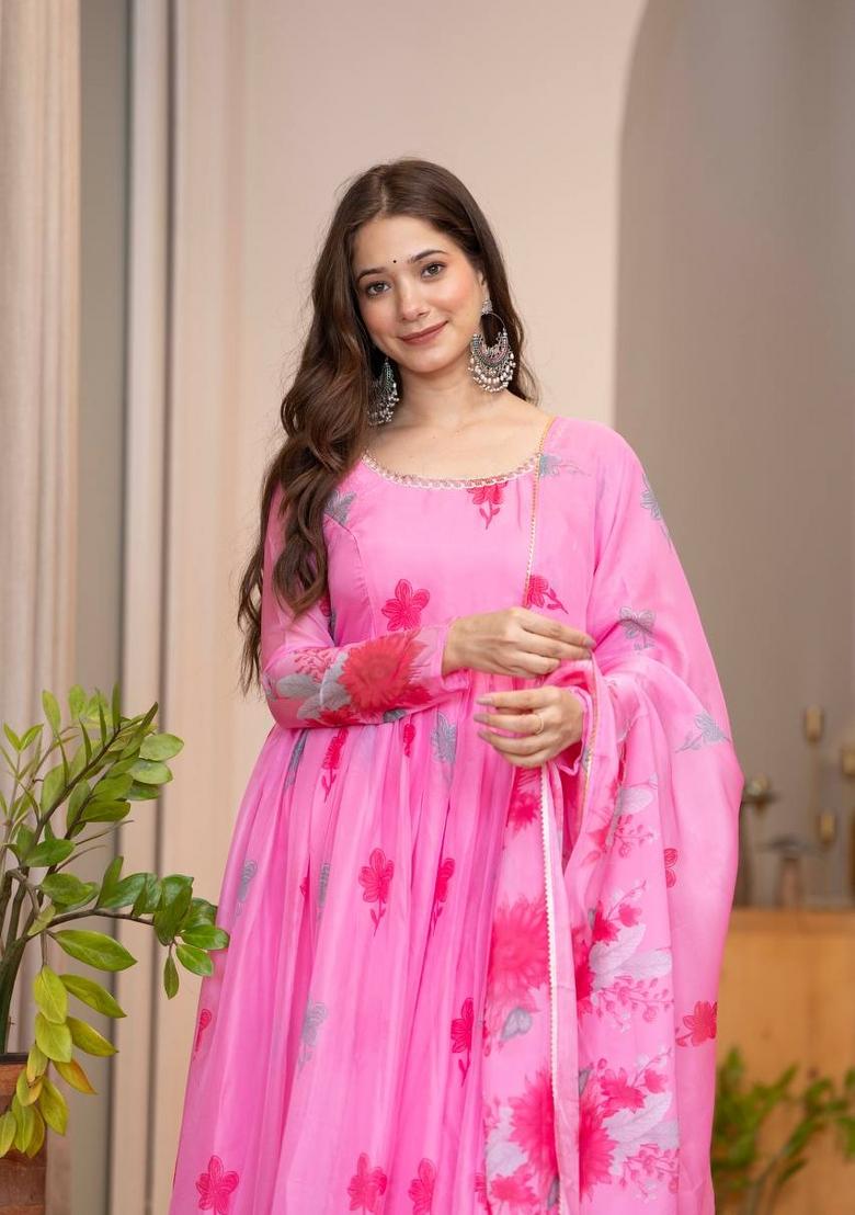 Pink Printed Organza Anarkali Set - Indya
