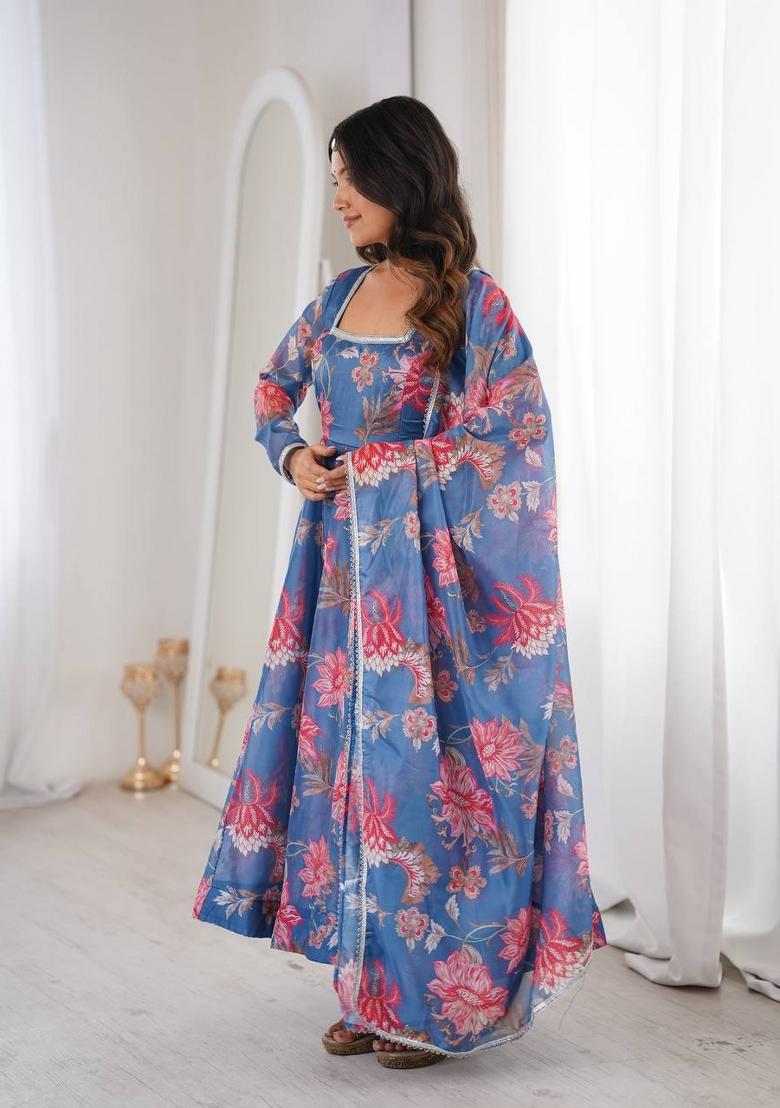 Blue Printed Organza Anarkali Set - Indya