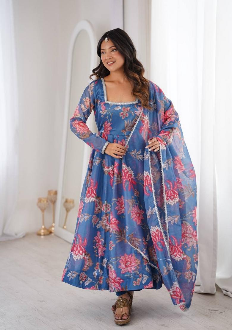 Blue Printed Organza Anarkali Set - Indya