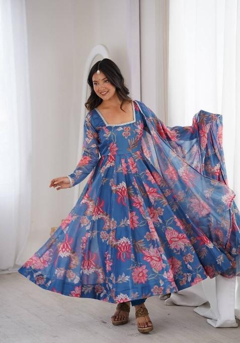 Blue Printed Organza Anarkali Set