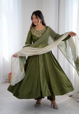 Green Embroidered Crepe Anarkali Set