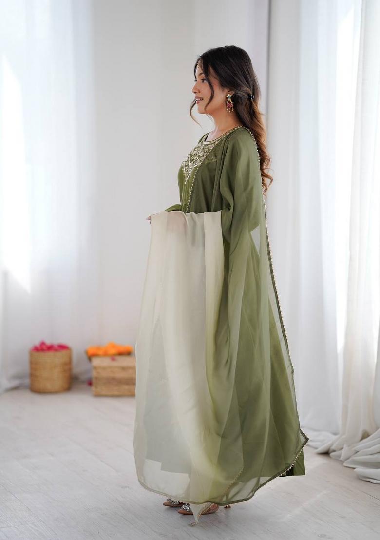 Green Embroidered Crepe Anarkali Set - Indya