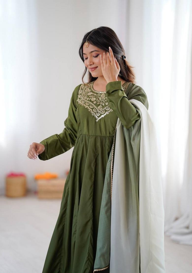 Green Embroidered Crepe Anarkali Set - Indya