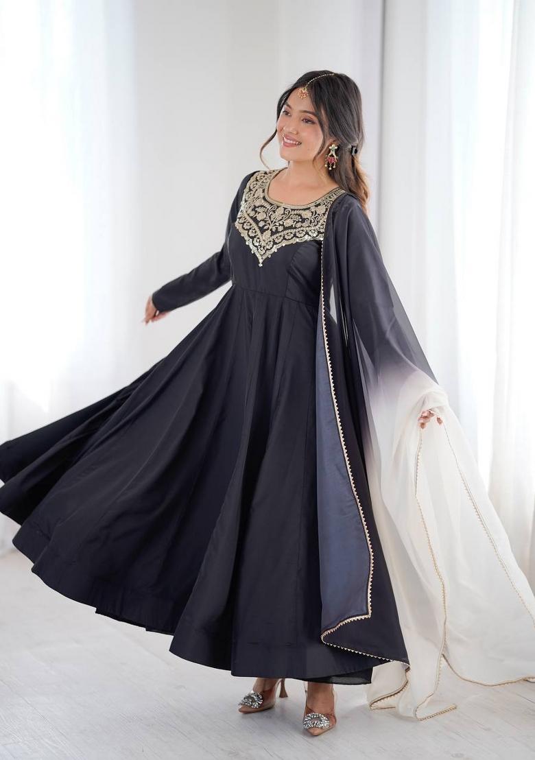 Black Embroidered Crepe Anarkali Set - Indya