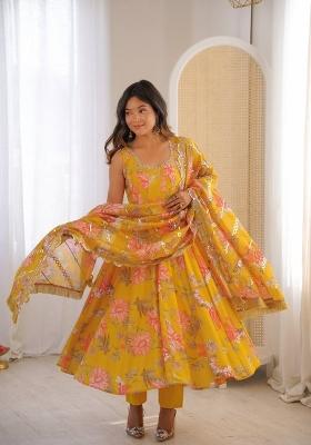 Yellow Printed Muslin Anarkali Set