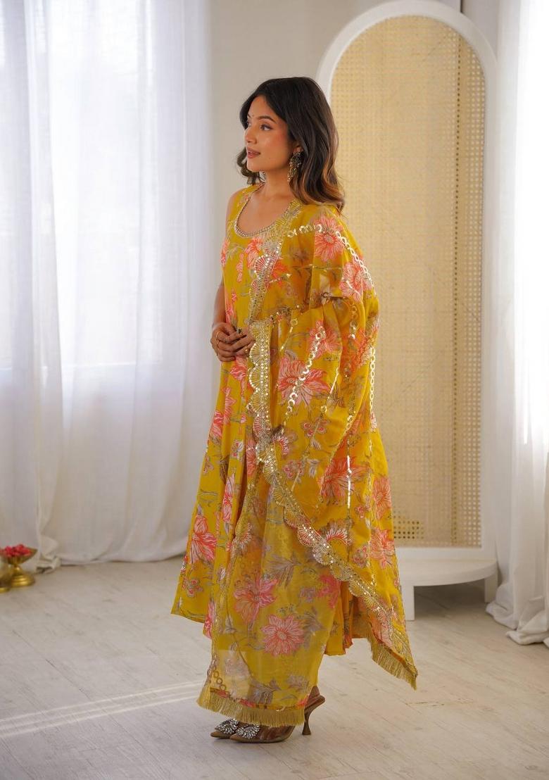 Yellow Printed Muslin Anarkali Set - Indya