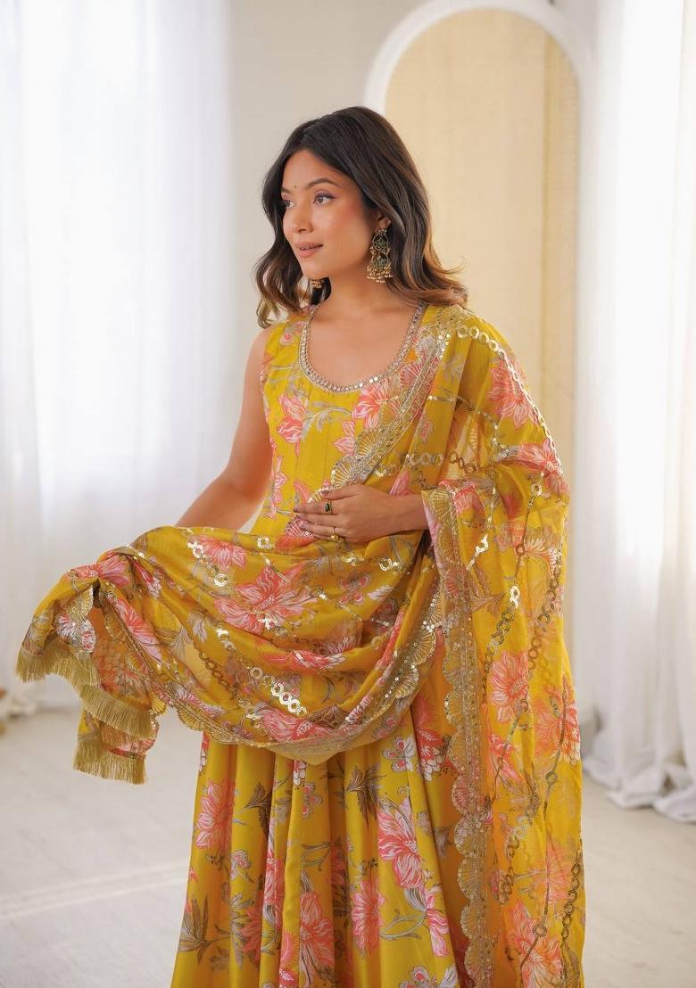 Yellow Printed Muslin Anarkali Set - Indya