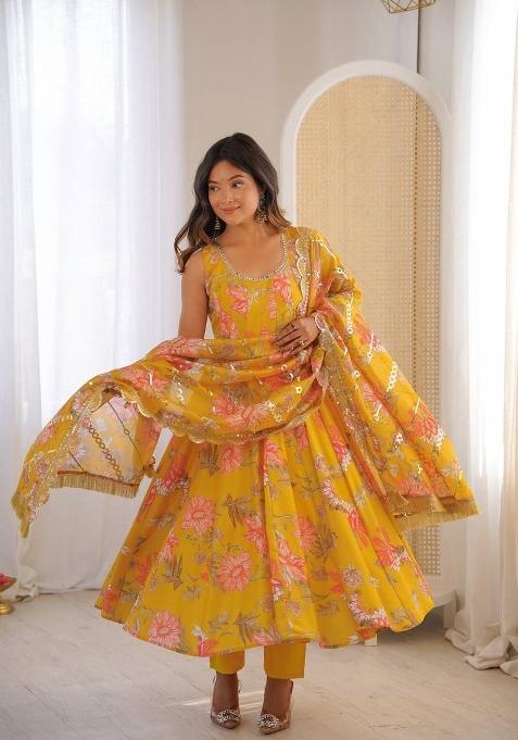 Yellow Printed Muslin Anarkali Set