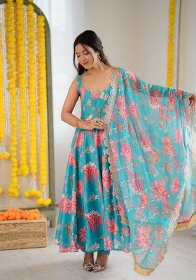 Sky Blue Printed Muslin Anarkali Set
