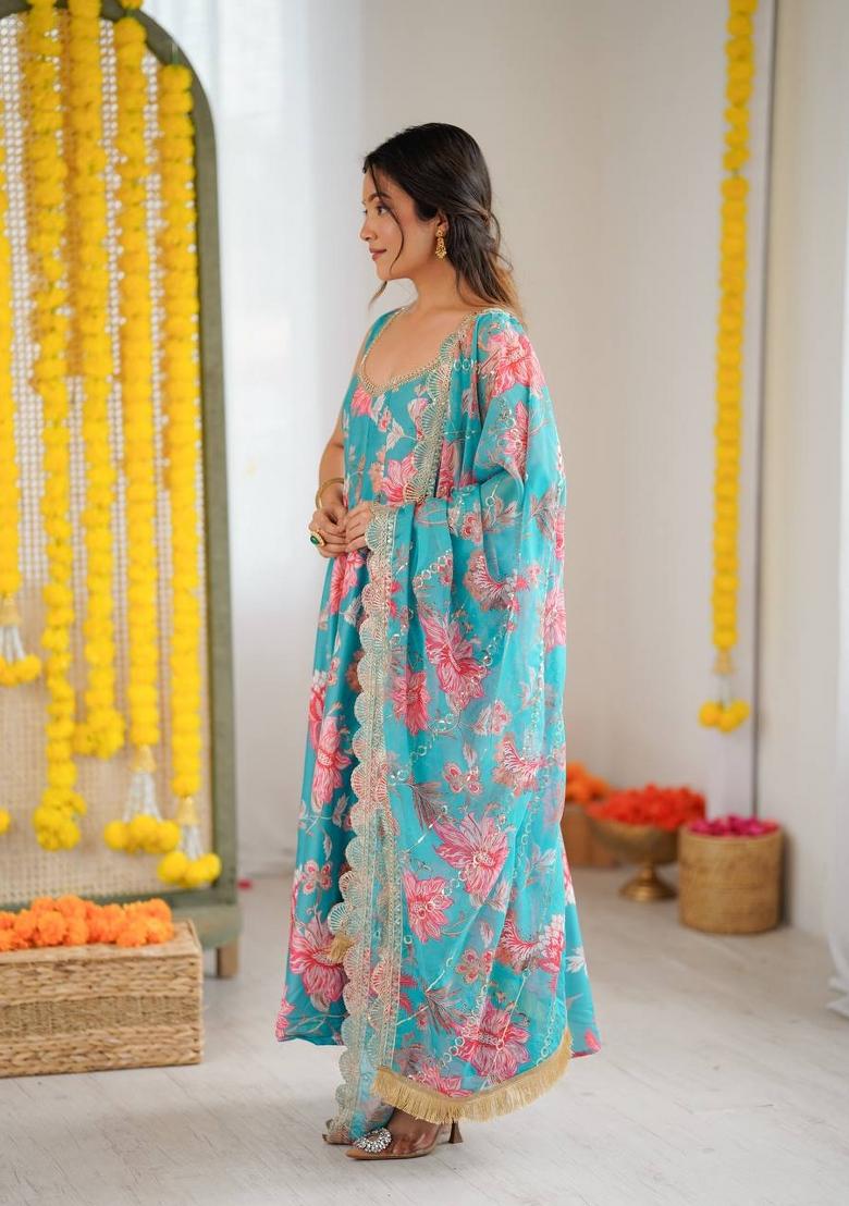 Sky Blue Printed Muslin Anarkali Set - Indya
