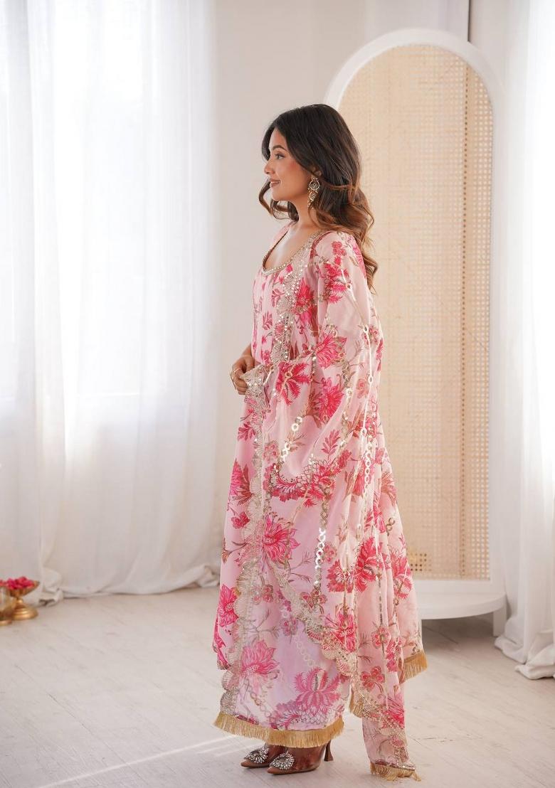 Pink Printed Muslin Anarkali Set - Indya
