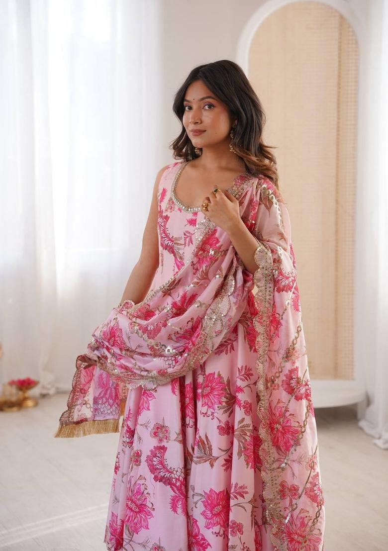 Pink Printed Muslin Anarkali Set - Indya