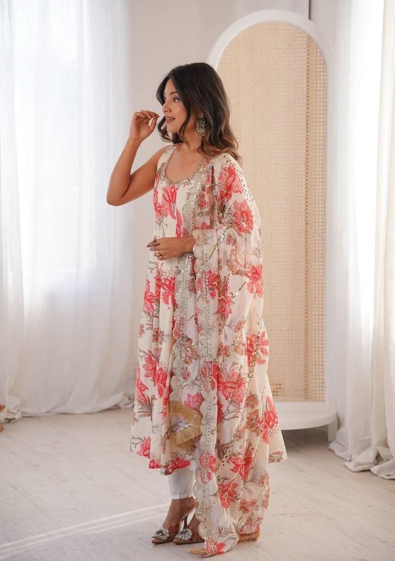 White Printed Muslin Anarkali Set - Indya