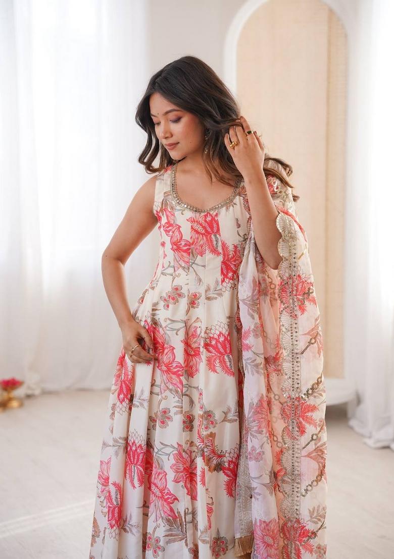 White Printed Muslin Anarkali Set - Indya
