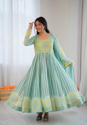 Greenish Blue Printed Organza Anarkali Set