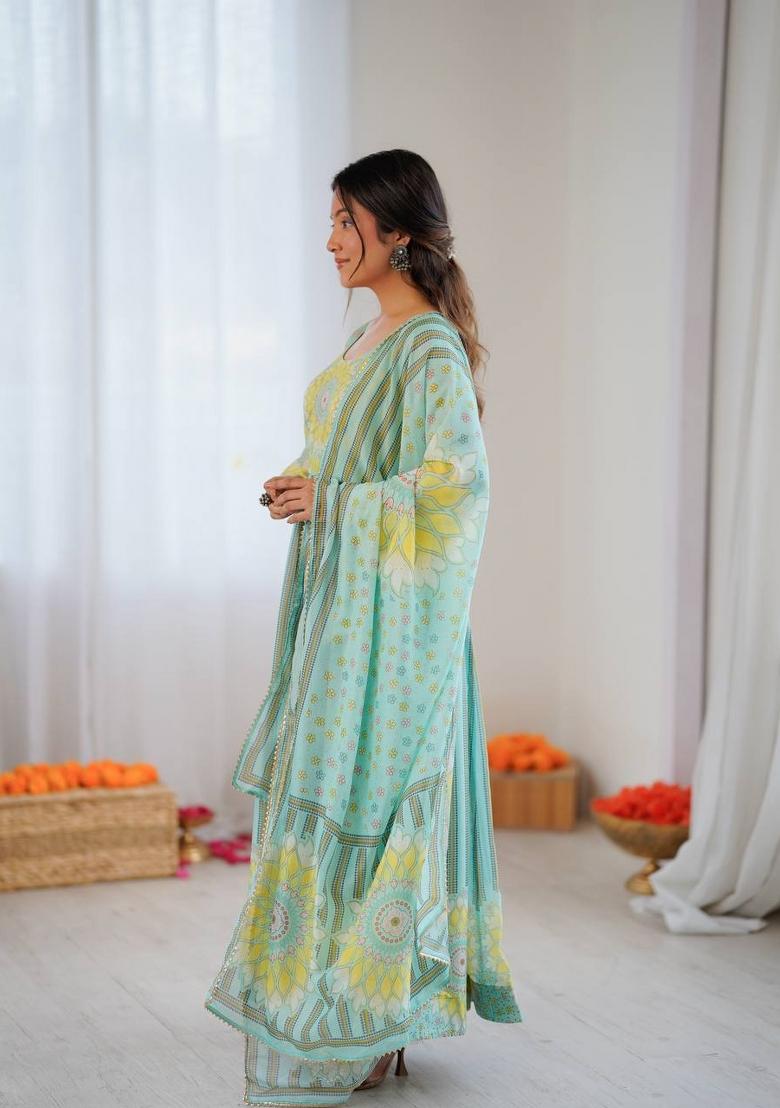 Greenish Blue Printed Organza Anarkali Set - Indya