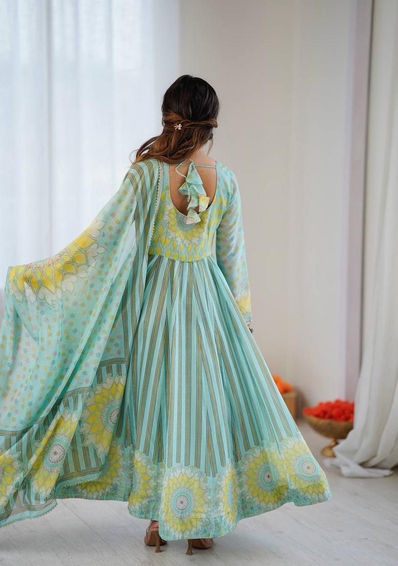 Greenish Blue Printed Organza Anarkali Set - Indya