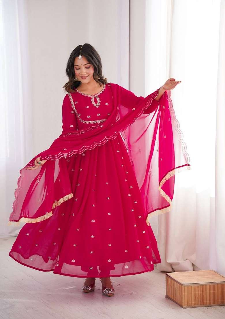 Rani Pink Embroidered Georgette Anarkali Set - Indya