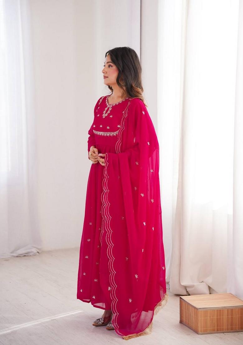 Rani Pink Embroidered Georgette Anarkali Set - Indya