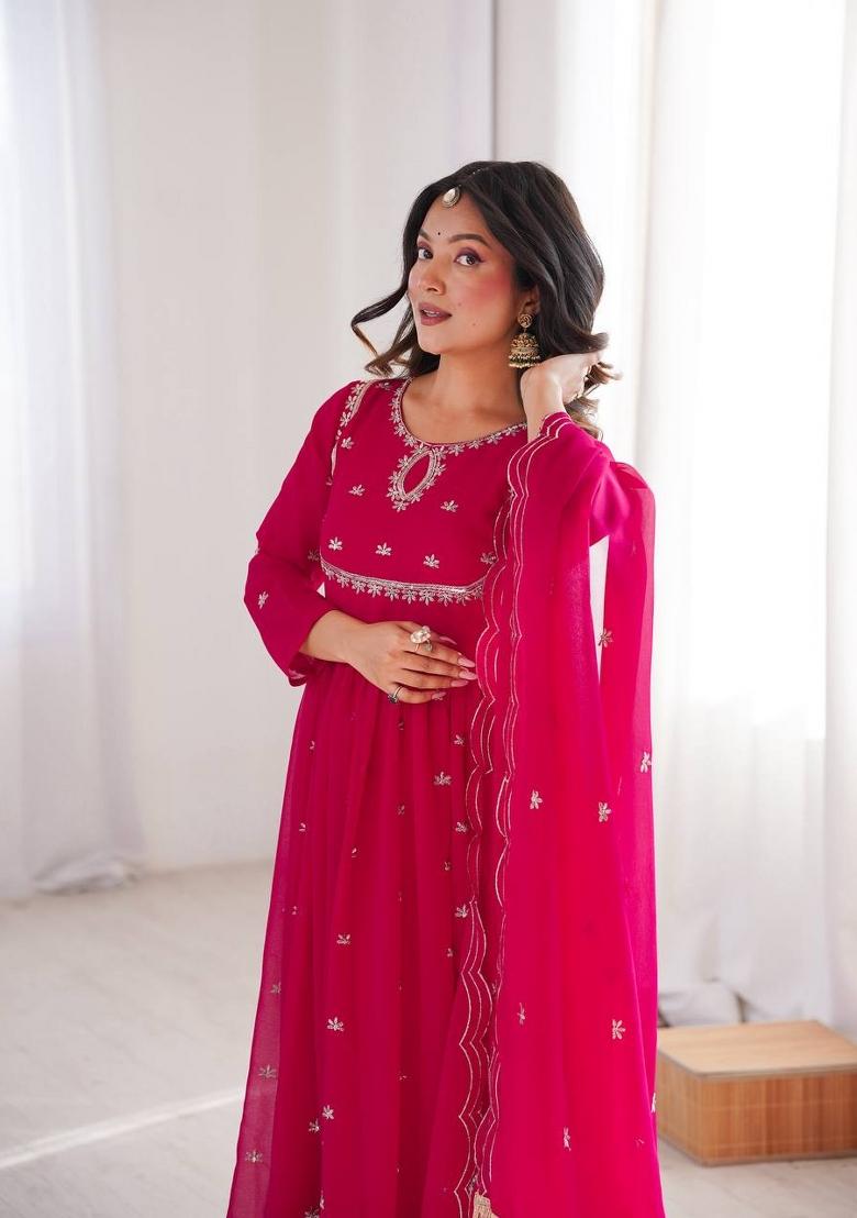 Rani Pink Embroidered Georgette Anarkali Set - Indya
