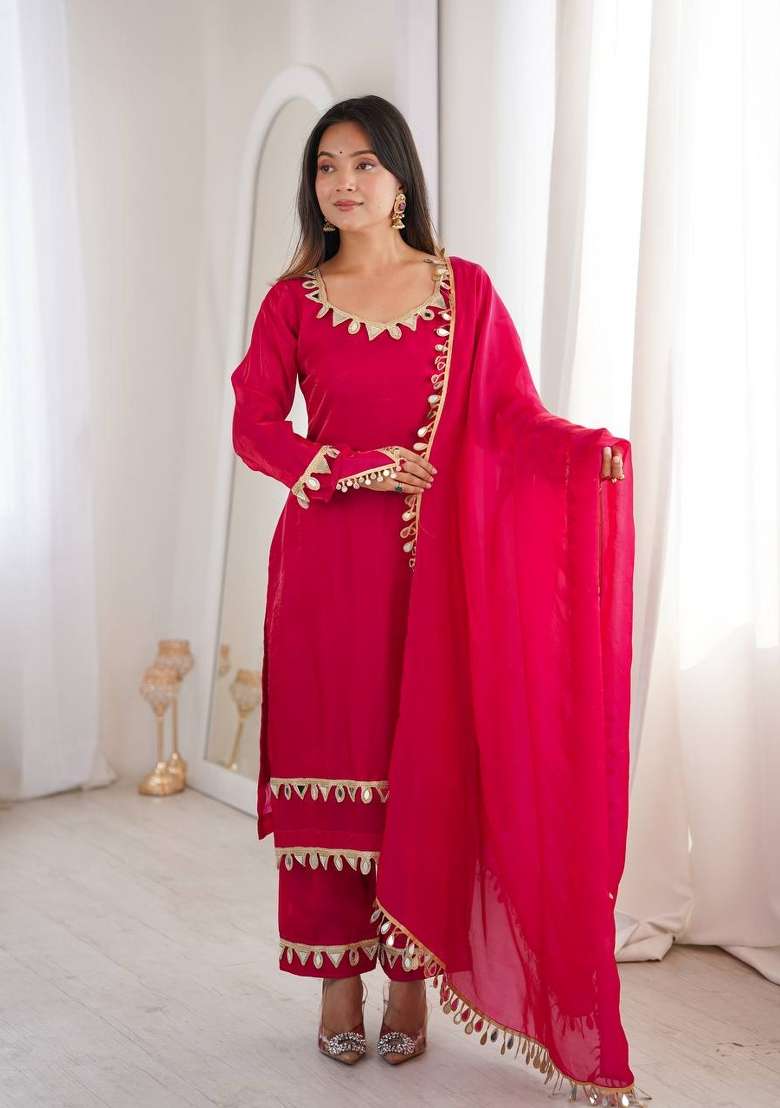 Rani Pink Lace Work Silk Blend Kurta Set - Indya