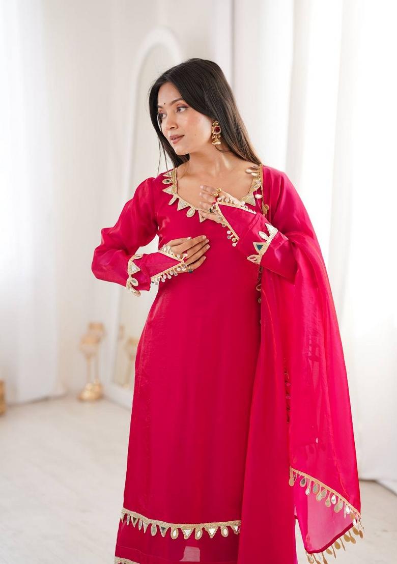 Rani Pink Lace Work Silk Blend Kurta Set - Indya