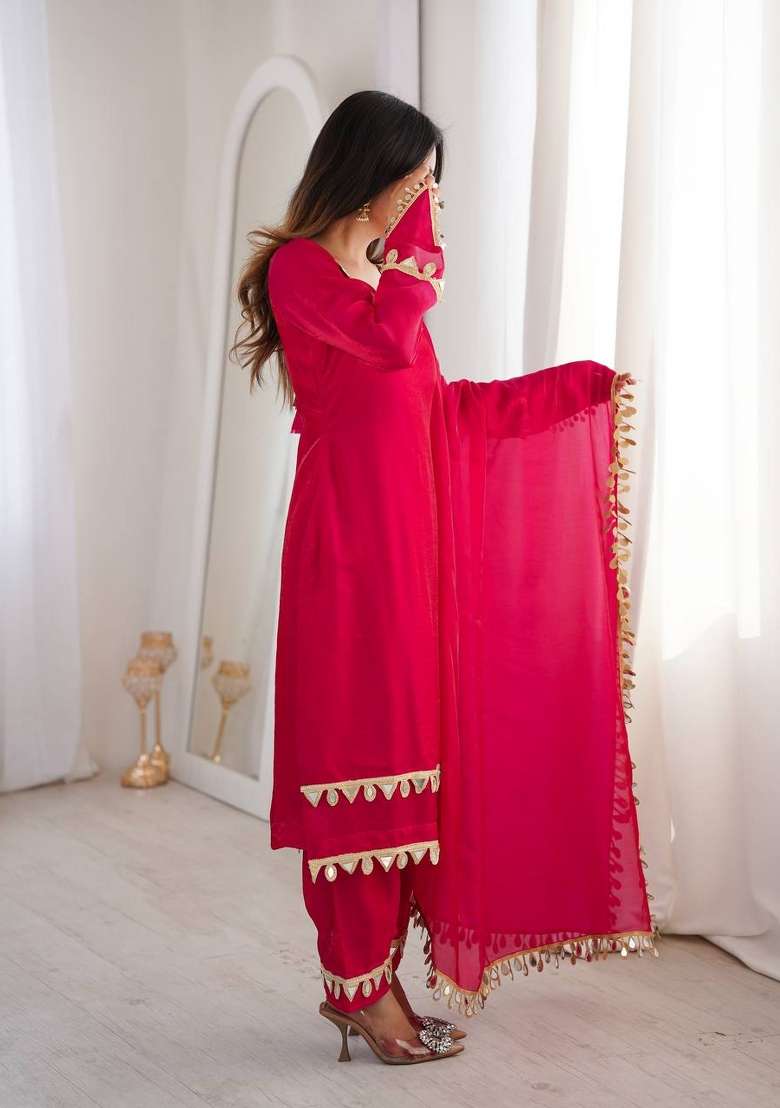 Rani Pink Lace Work Silk Blend Kurta Set - Indya