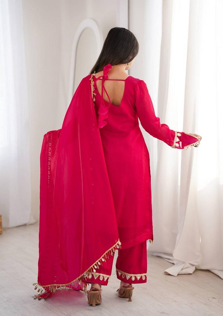 Rani Pink Lace Work Silk Blend Kurta Set - Indya