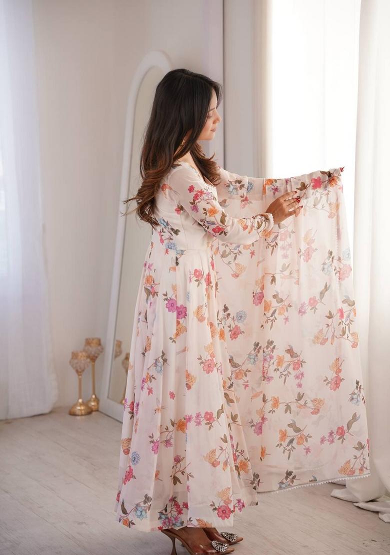 White Printed Georgette Kurta Set - Indya