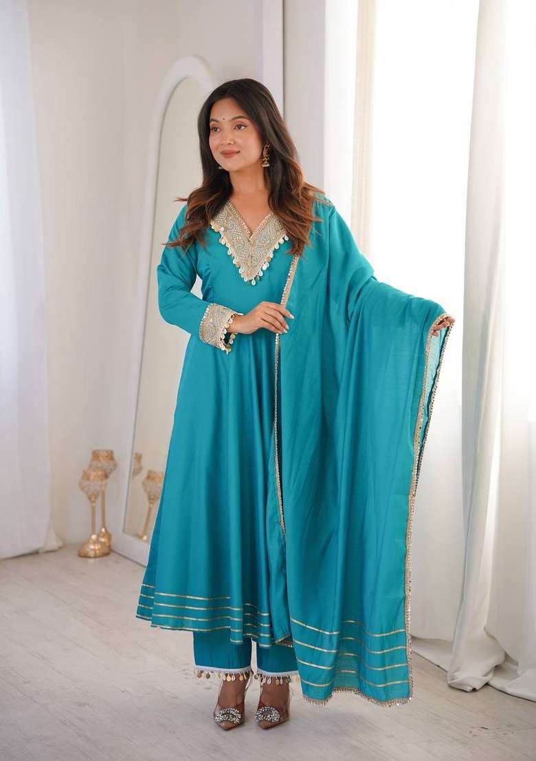 Teal Blue Embroidered Silk Blend Kurta Set - Indya