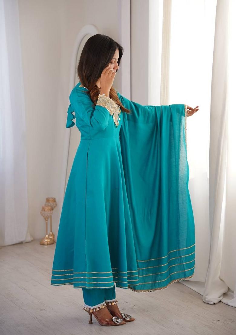 Teal Blue Embroidered Silk Blend Kurta Set - Indya