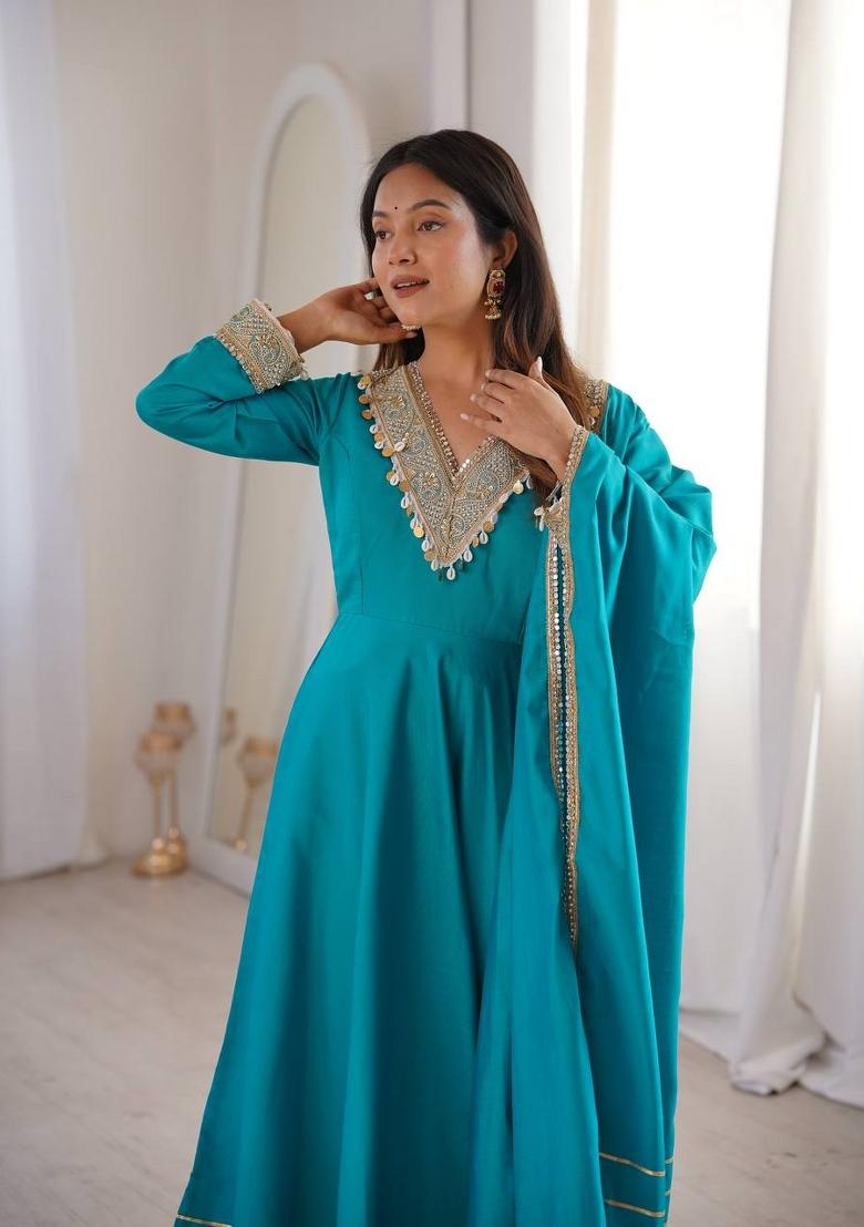 Teal Blue Embroidered Silk Blend Kurta Set - Indya