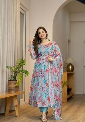 Light Blue Printed Organza Kurta Set