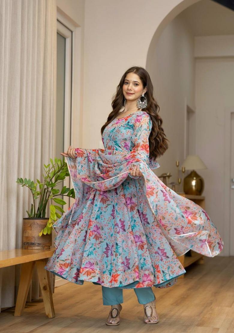Light Blue Printed Organza Kurta Set - Indya