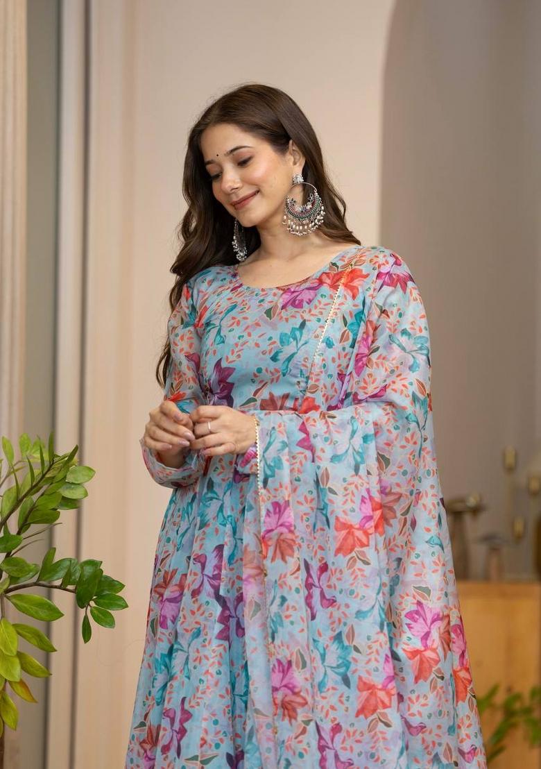 Light Blue Printed Organza Kurta Set - Indya
