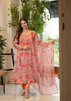 Peach Printed Organza Kurta Set
