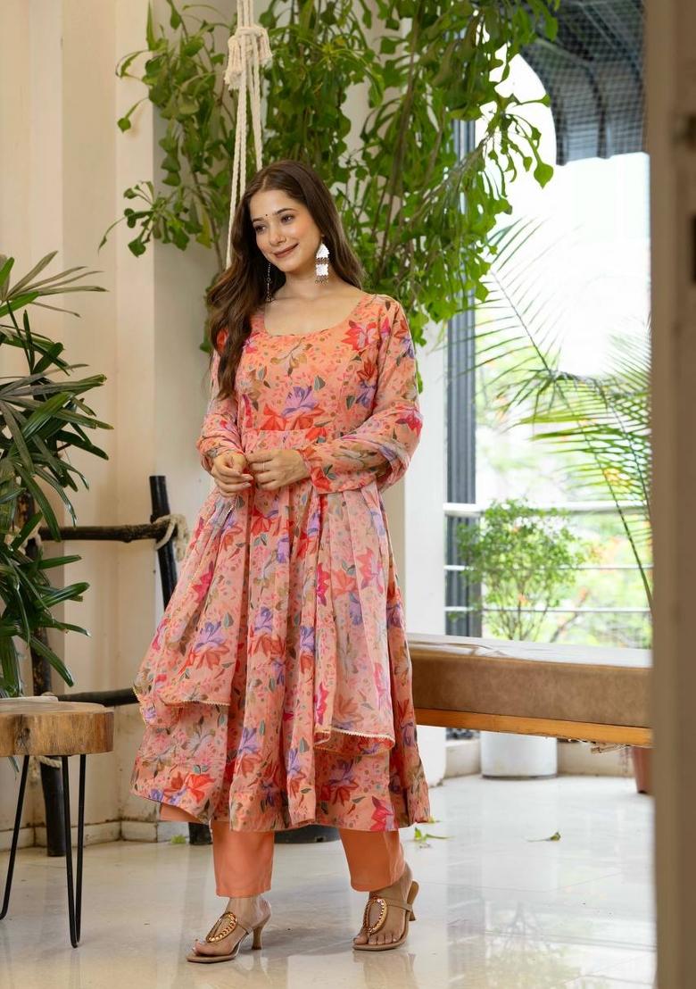 Peach Printed Organza Kurta Set - Indya