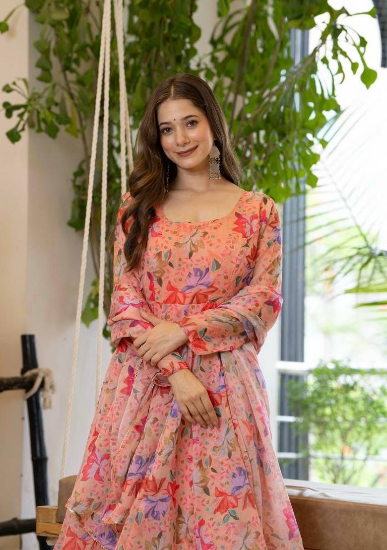Peach Printed Organza Kurta Set - Indya