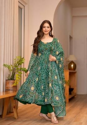 Green Printed Organza Kurta Set